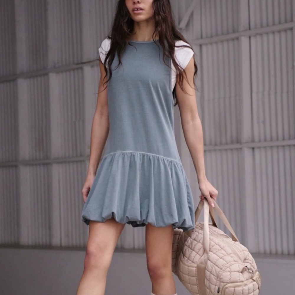 Free People Dusty Blue Ruffle-Hem Mini Dress with White Cap Sleeves